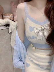 Blue Knitted Suit Woman Loose Casual Sweater + Sexy Vest + Slim Bodycon Mini Skirt Korean Fashion Y2k 3 Piece Skirt Set 2023