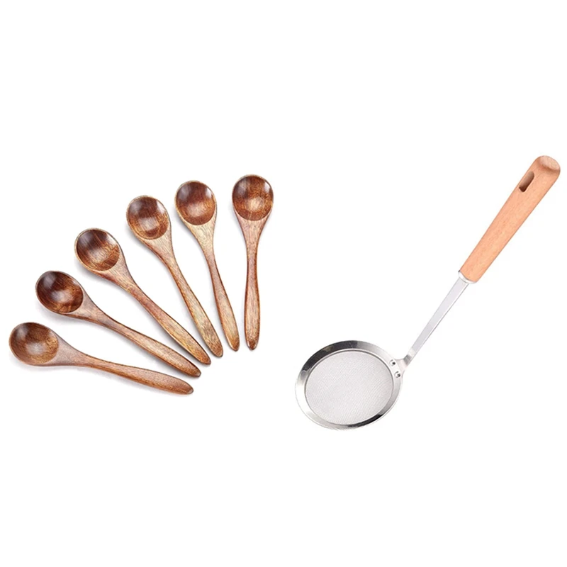 

Small Wooden Spoons, 6Pcs Wooden Teaspoon With Oil Filter Spoon, Fine Mesh Filter With Wooden Handle