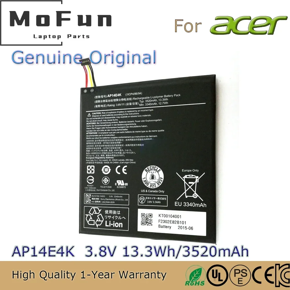 

Brand New Original AP14E4K 3.8V 13.3Wh Laptop Battery for Acer Iconia One 7 B1-750 AP14E8K KT.0010G.007 KT00104001 etc.