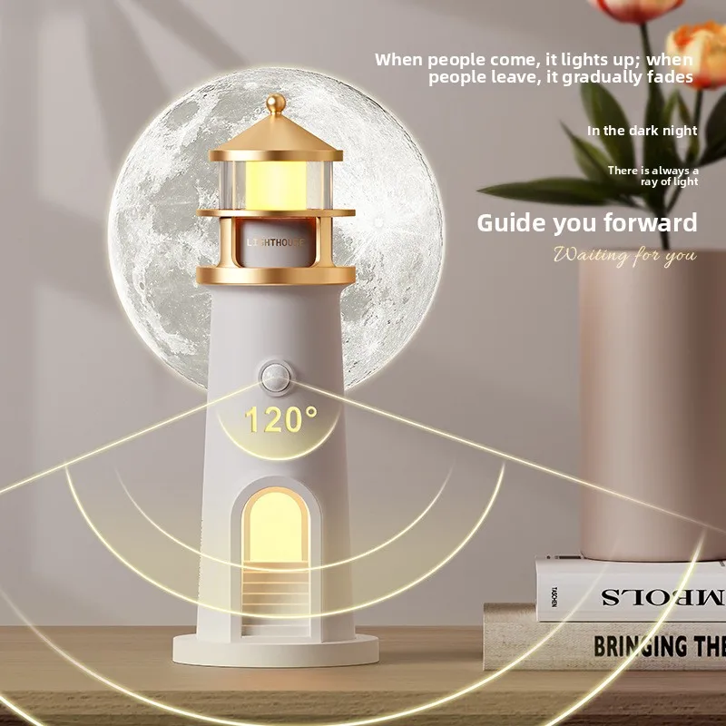 Moonlight Lighthouse Projection Lamp with Motion Sensor & Remote, Bedside Ambient Sleep Aid Night Light with Bluetooth Speaker