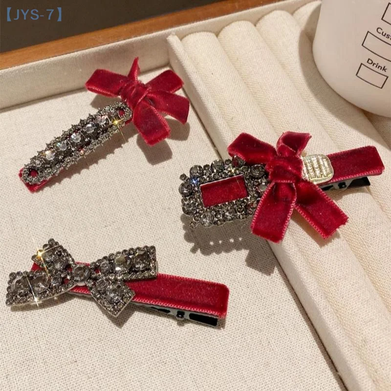 【JYS-7】2 قطعة الأحمر الأسود المخملية القوس حجر الراين مشبك شعر المرأة السنة الجديدة جو الرجعية منقار البط كليب موضة إكسسوارات الشعر #5