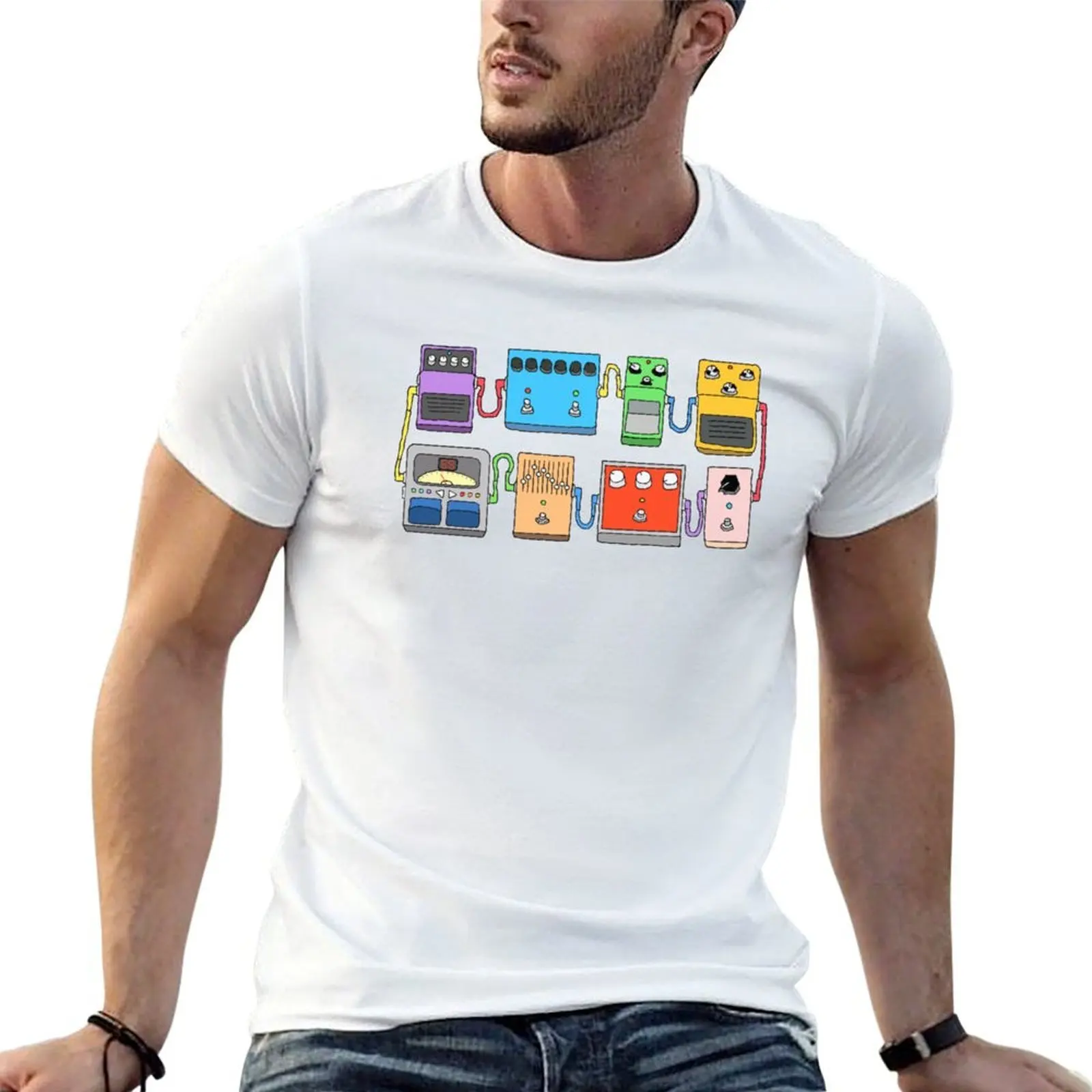 Pédales de guitare, ingénieur du son en studio d'enregistrement, équipement de guitariste, pédales d'effets au pied, tasse, autocollant, t-shirt avec illustration musicale
