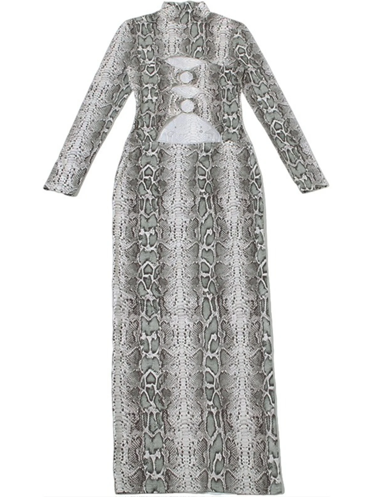 SsTss Fashion Women Snake Print Long Dress Sexy Turtleneck Long Sleeve Metal Circle Cut Out Slim Bodycon Midnight Party Dresses