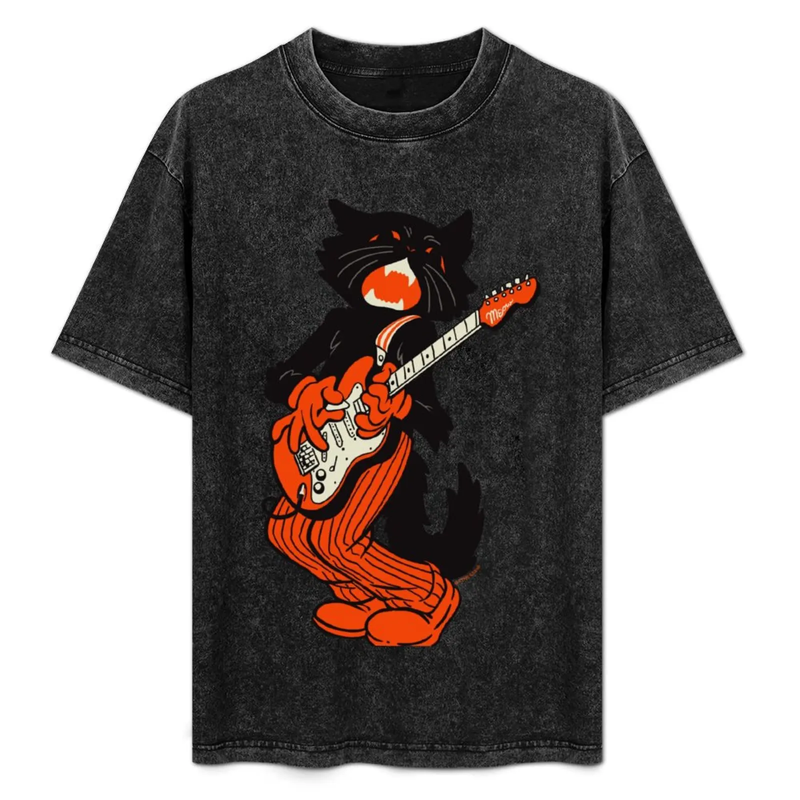 

Vintage Halloween Black Cat Playing Electric Guitar T-Shirt oversized quick-drying sublime men clothings