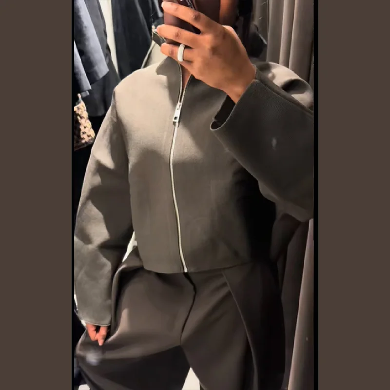 الحد الأدنى سترة فضفاضة سستة محبوك معاطف قصيرة المرأة ملابس خارجية الشارع الخريف موضة عادية تنوعا الأساسية سترة الإناث #4