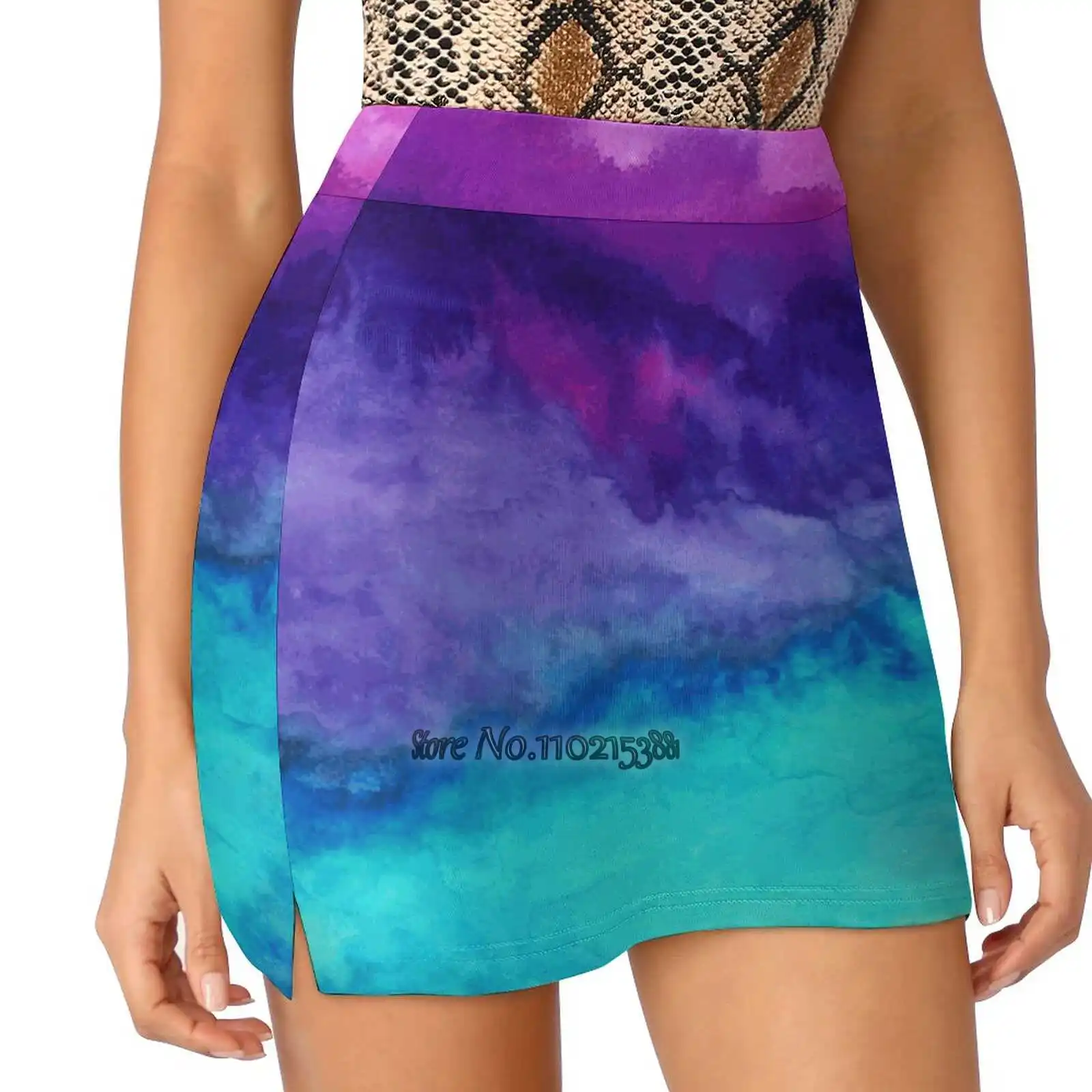 The Sound - Abstract Ombre Watercolor Fake Two-Piece Hakama Skirt Women Pencil Skirts Workout Sports Mini Skirt Ombre