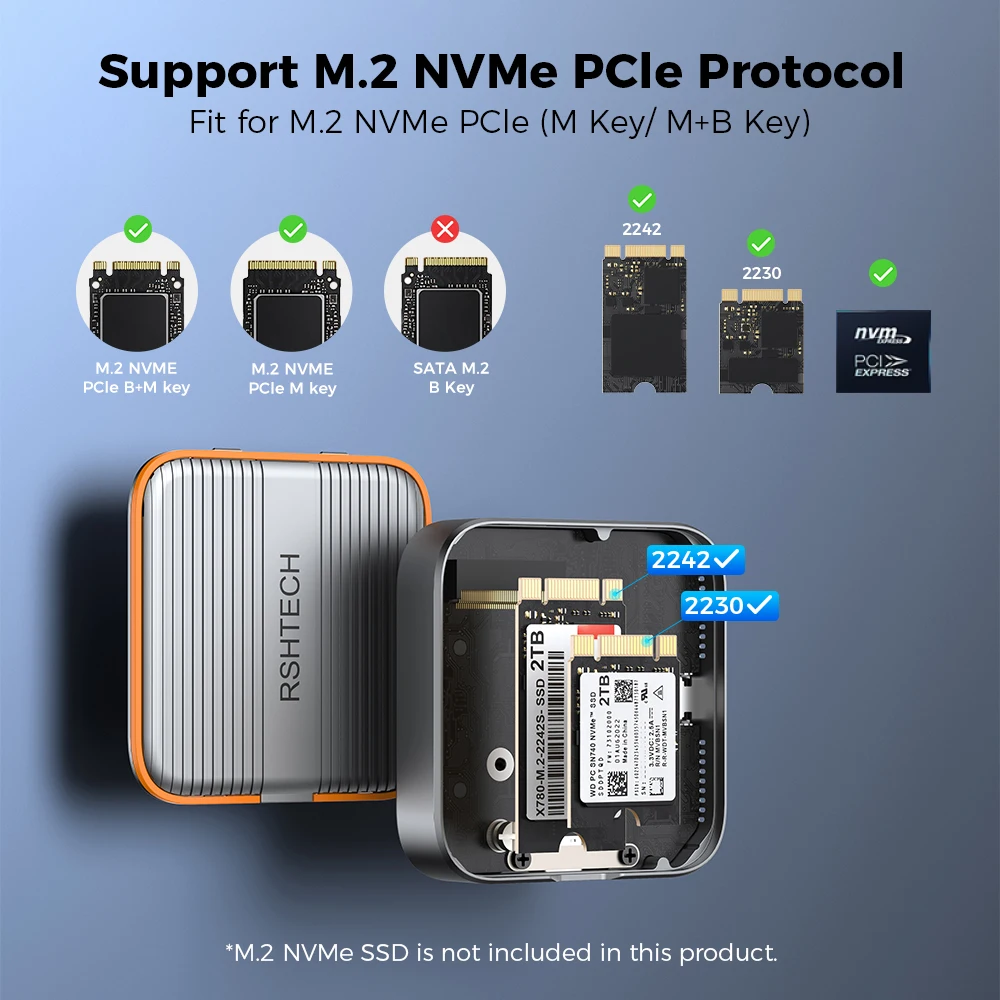 Aluminum 3-in-1 Phone Magnetic SSD Enclosure with PD100W Type-C 10Gbps Data Transmission for M.2 NGFF & NVMe PCle with 2230/2242