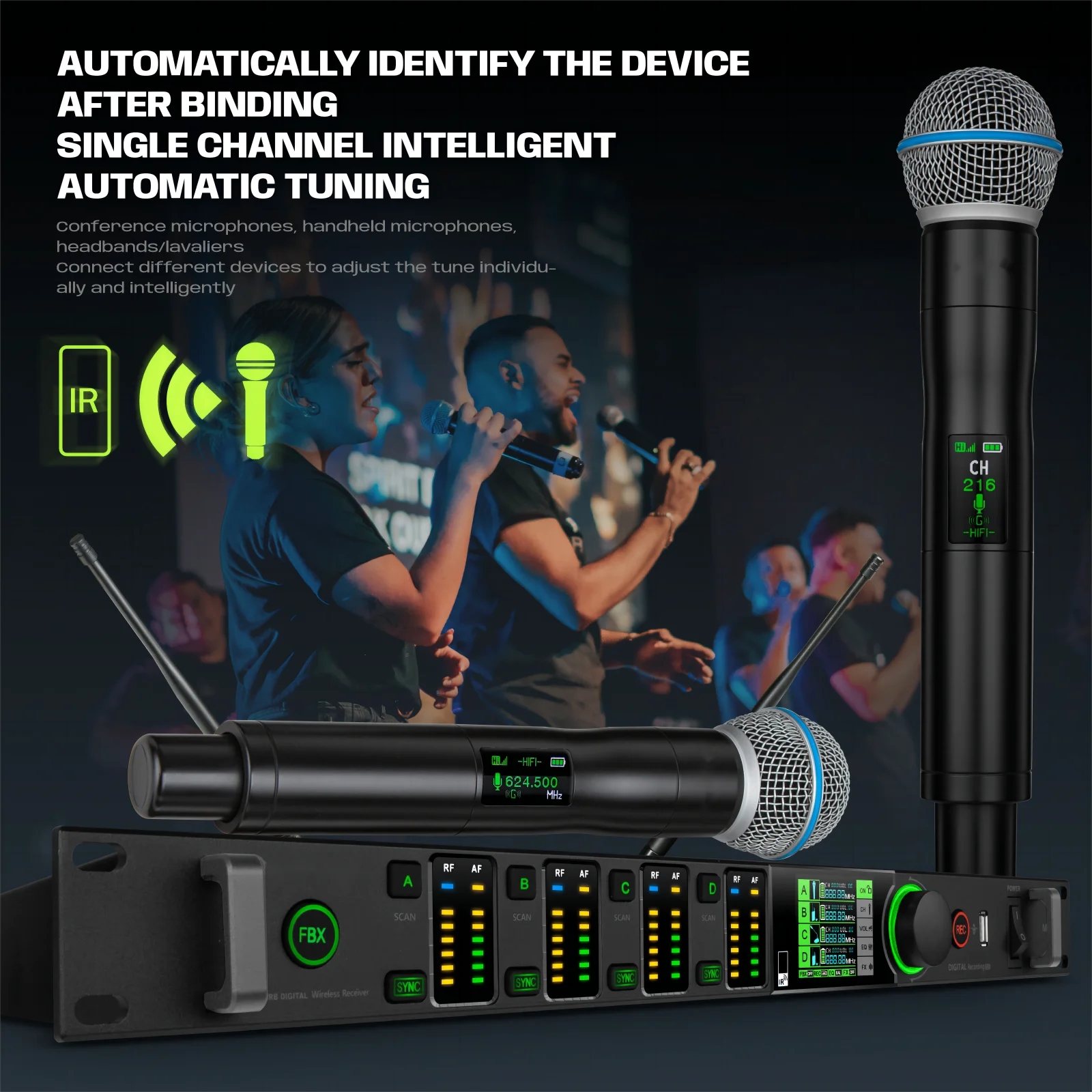 GMW-M300 ميكروفون لاسلكي 200 متر التنوع الحقيقي 4-قناة عواء FBX المرحلة نظام ميكروفون الكاريوكي #4