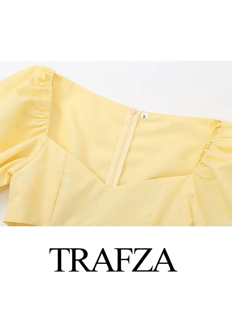 TRAFZA 2024 Summer Women Fashion Yellow Dress Puff Sleeves Long Dresses Female Waist Hollow Out Vintage Woman Evening Dress