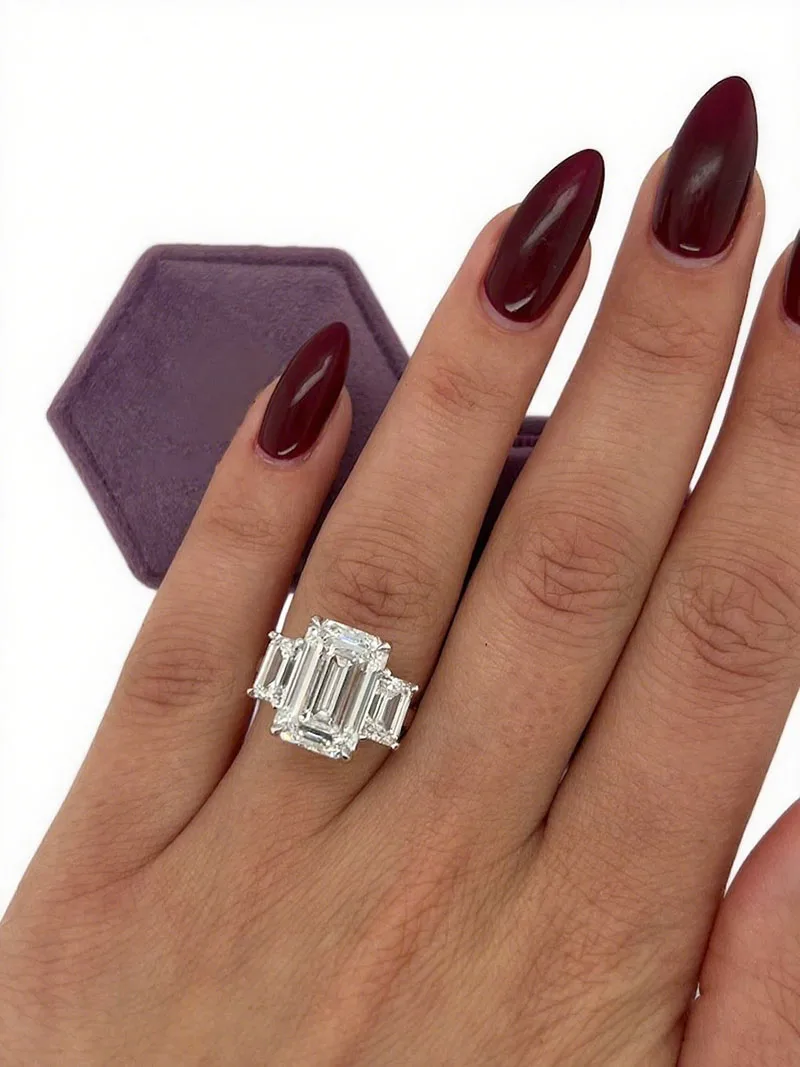 Huge 9 Ctw Emerald Cut Lab Grown Diamond Engagement Ring IGI Certified EF Color VS VVS Clarity Three Stone  14K Gold