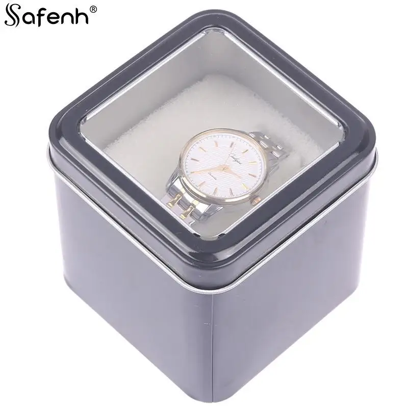 8CM Square Black Watch Organizer Box Show Holder Tinplate Can Metal Sealed Jewelry Gift Box Display Case With Cushion