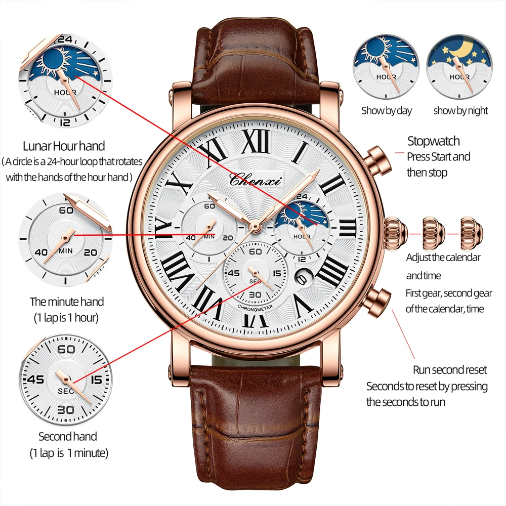 CHENXI Fashion Business Mens Watches Top Luxury Quartz Watch Auto Date Chronograph Men Leather Waterproof Wristwatch