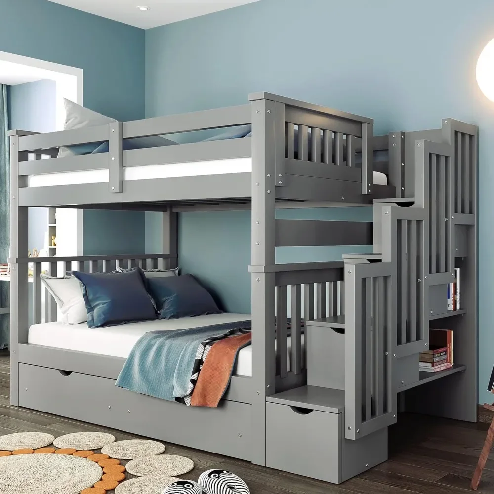 Bunk Bed, with Stairs and 6 Storage Drawers, Wooden Bunks Beds with Storage Drawers, for Kids Teens Adults, Solid Wood Bunk Beds