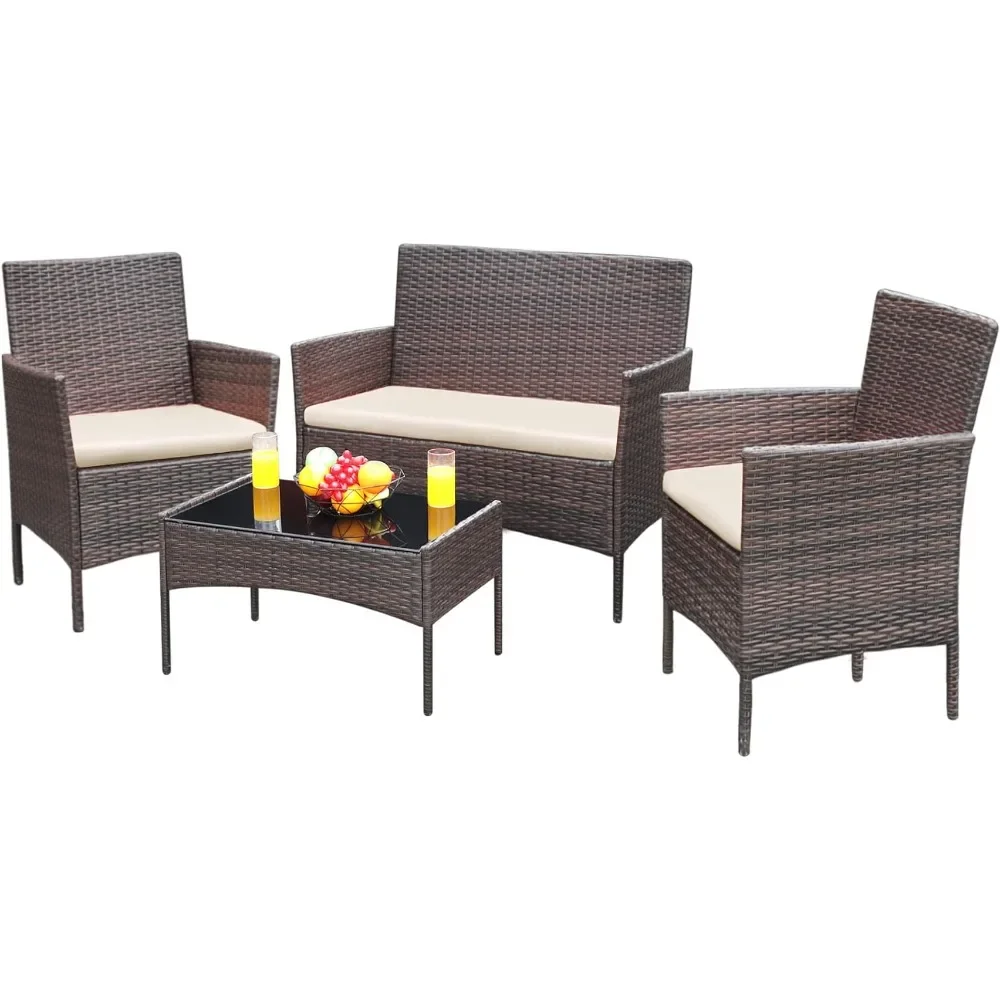 

4 Pieces Conversation Sets Outdoor Wicker Rattan Chairs Garden Backyard With Soft Cushion and Glass Table Freight free