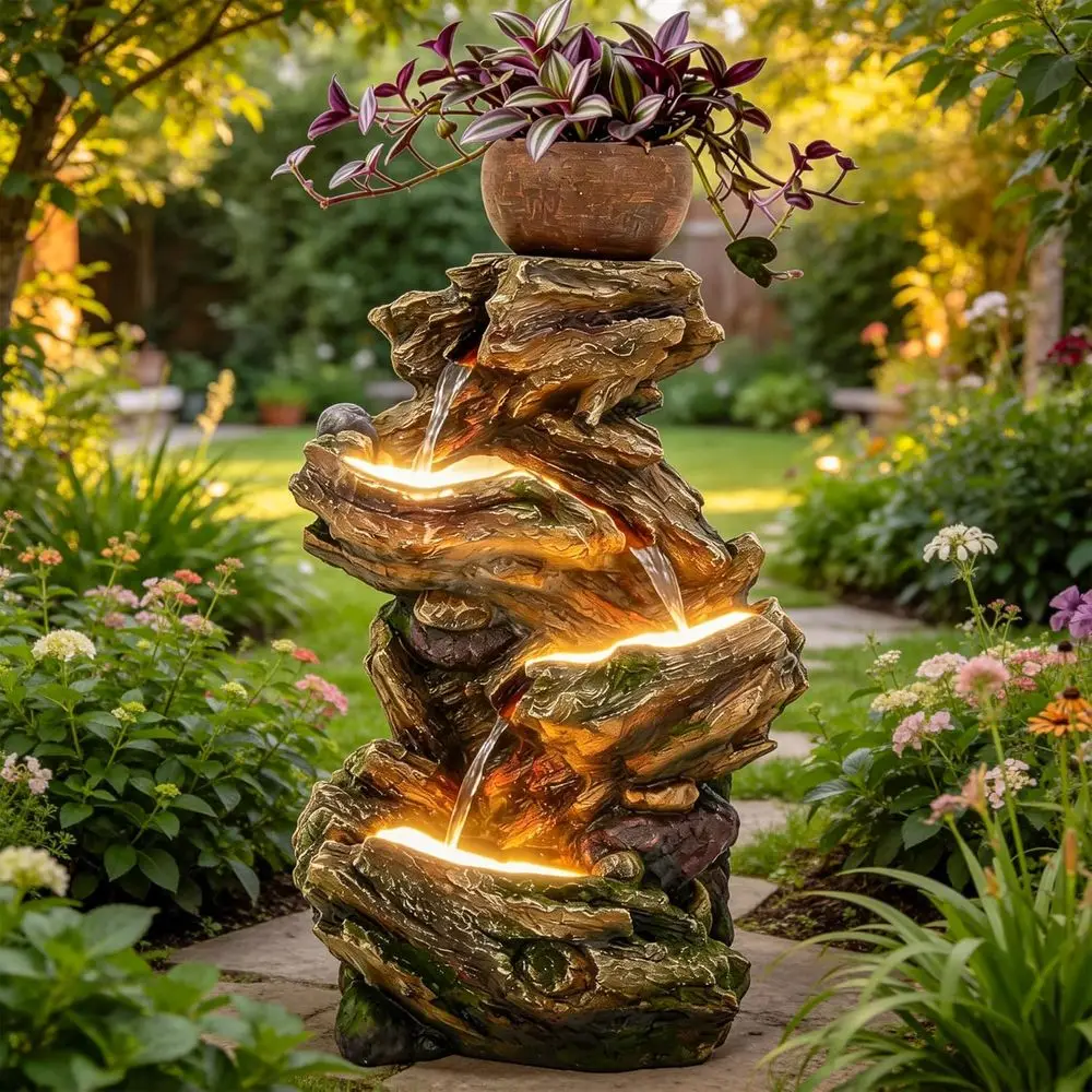 

33-дюймовый уличный фонтан в деревенском стиле с 5 уровнями, светодиодной подсветкой и кашпо