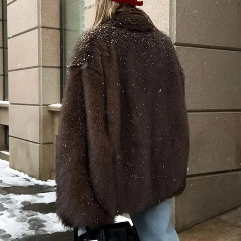 2025 Herfst Winter Dames Nep Vossenbont Lange Mouw Turn-Down Kraag Jas Warm Houden Effen Kleur Nepbont Losse jassen Harige Tops