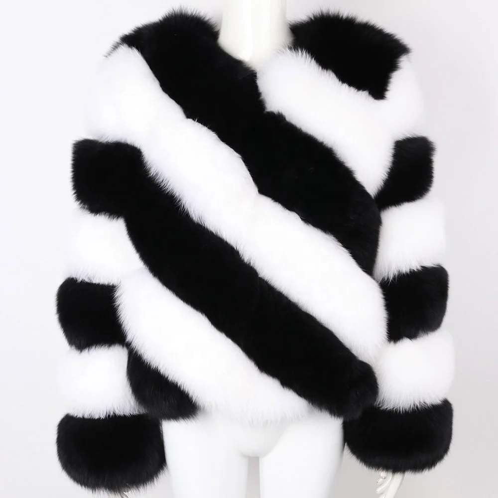 Natural Fur Coat Black And White Striped Fox Fur Jacket Elegant Ladies Fur Coat Outerwear