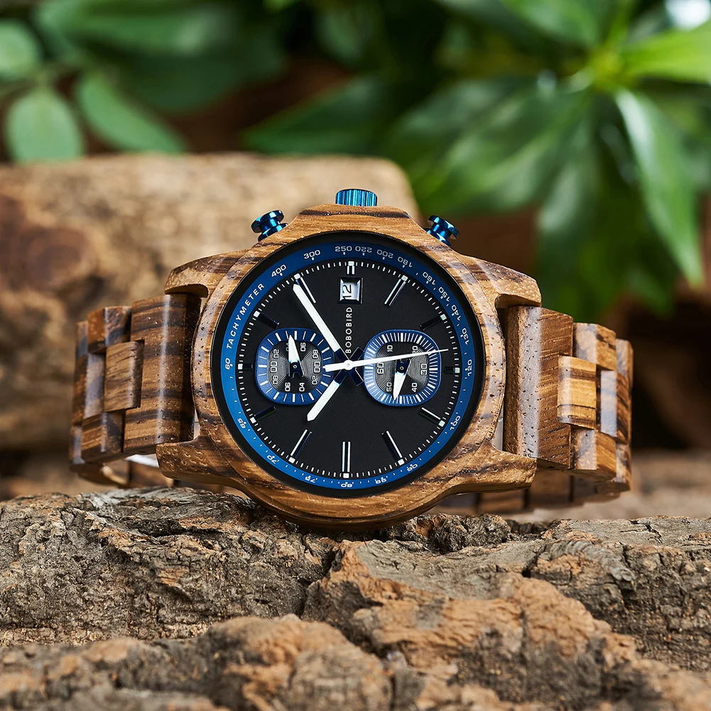 BOBO BIRD Mens Wooden Watches Walnut Wood Watch Blue Wristwatch Chronograph Luminous Hands Date Display Anniversary Gift