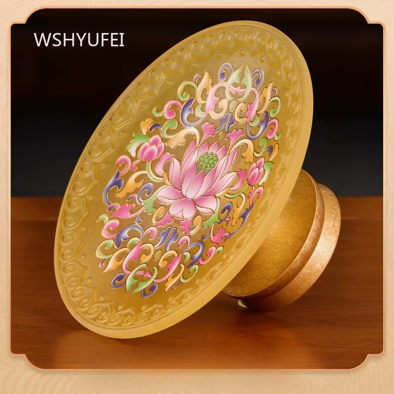 Translucent Amber Offering Plate with Painted Lotus Pattern and Gold Pedestal Glass Fruit Tray for Home Altar Decor