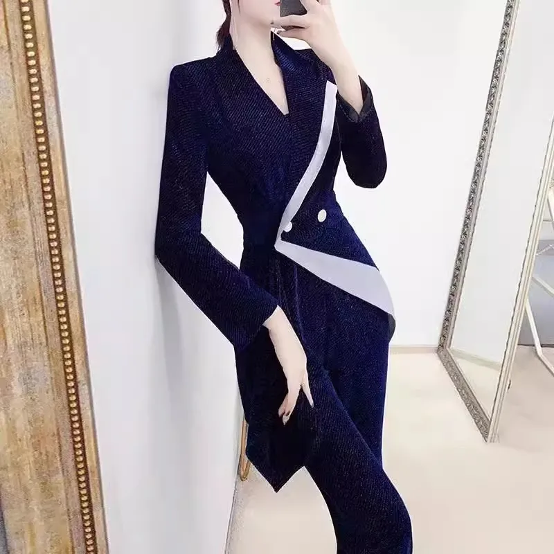 Blue Golden Velvet Suit Set Women 2023 New Spring Autumn Season High End Temperament Casual Small Blazer Foreigner Pants Career