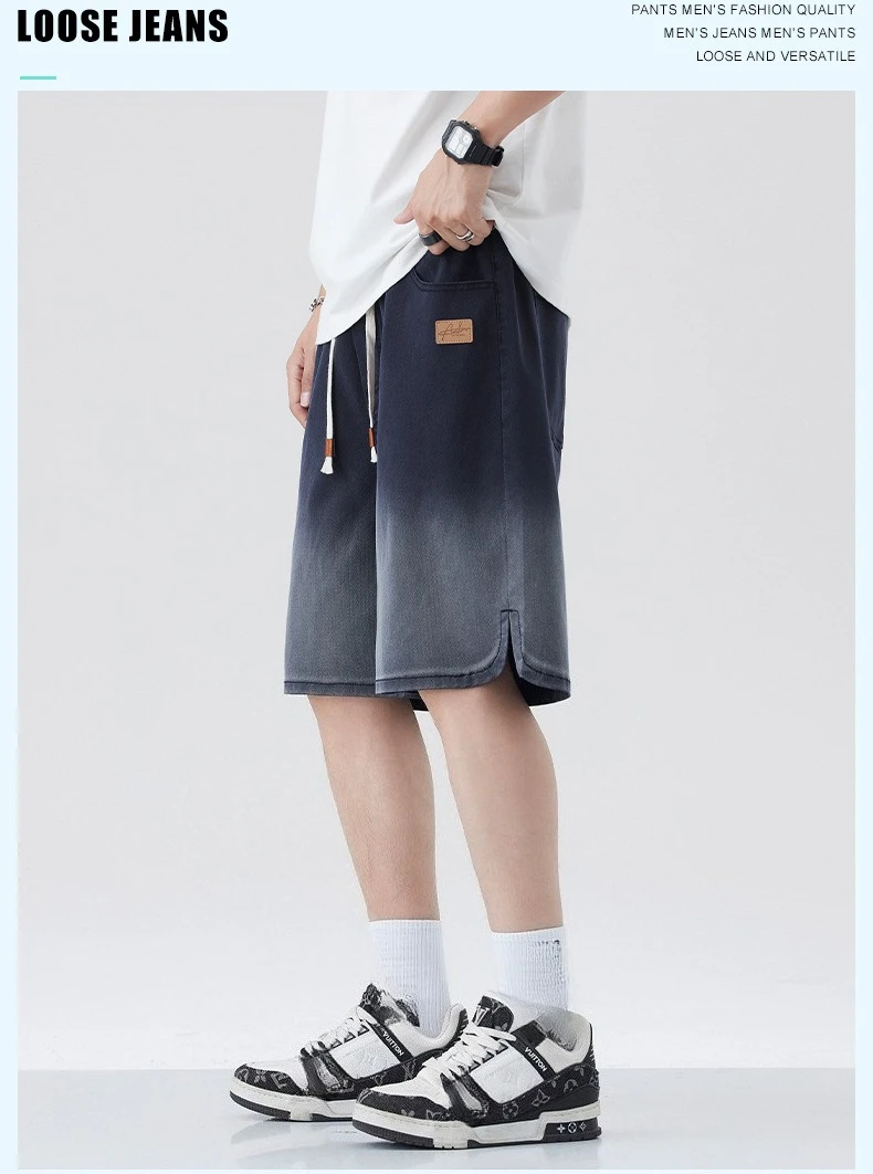 Calças abertas com zíper invisível masculino calças de cinco pontos verão novas calças soltas gelo respirável esportes fino denim shorts