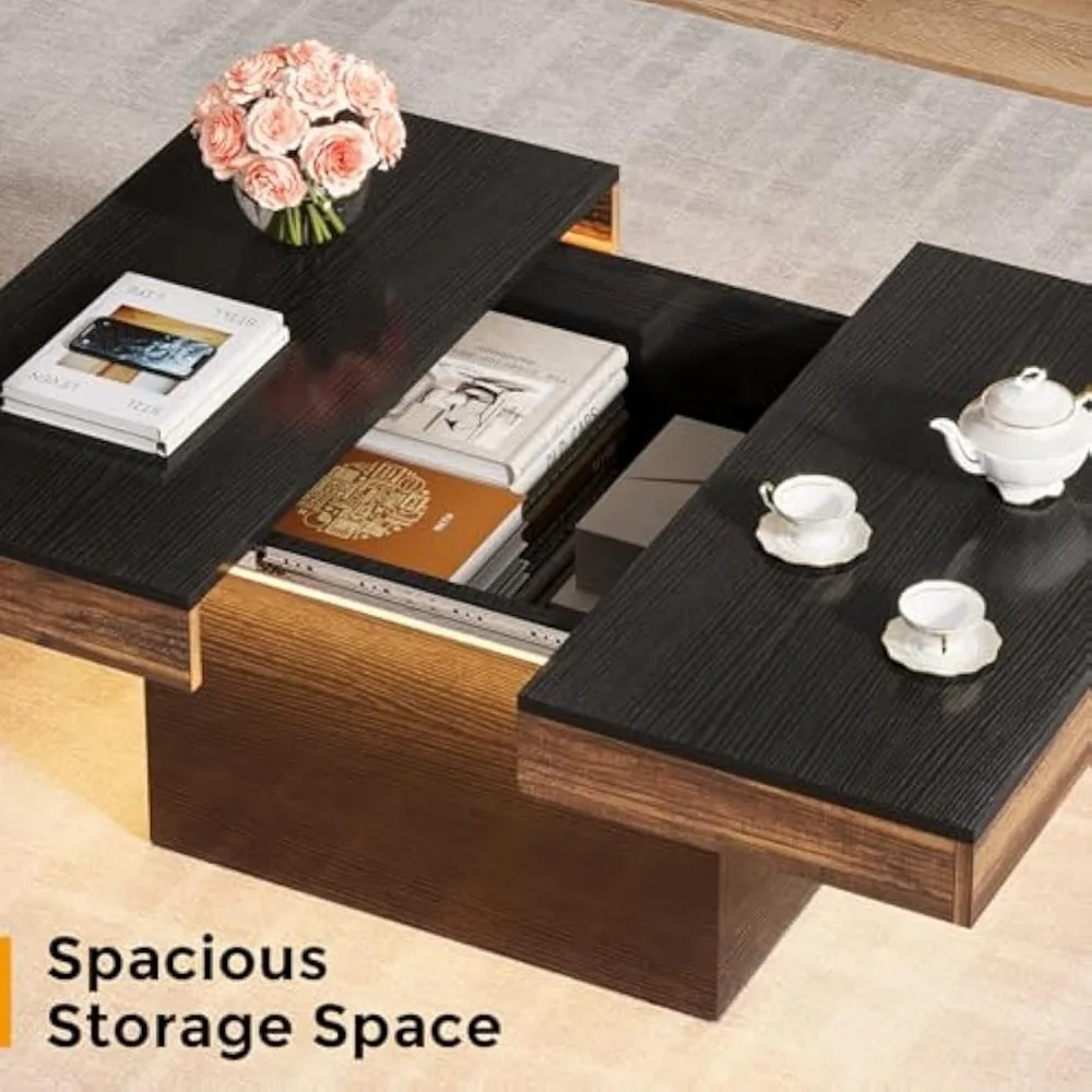 Mesa de centro quadrada com luz LED, mesa de centro LED moderna de 35 polegadas com armazenamento, mesa de centro de madeira para sala de estar, grande Cockta