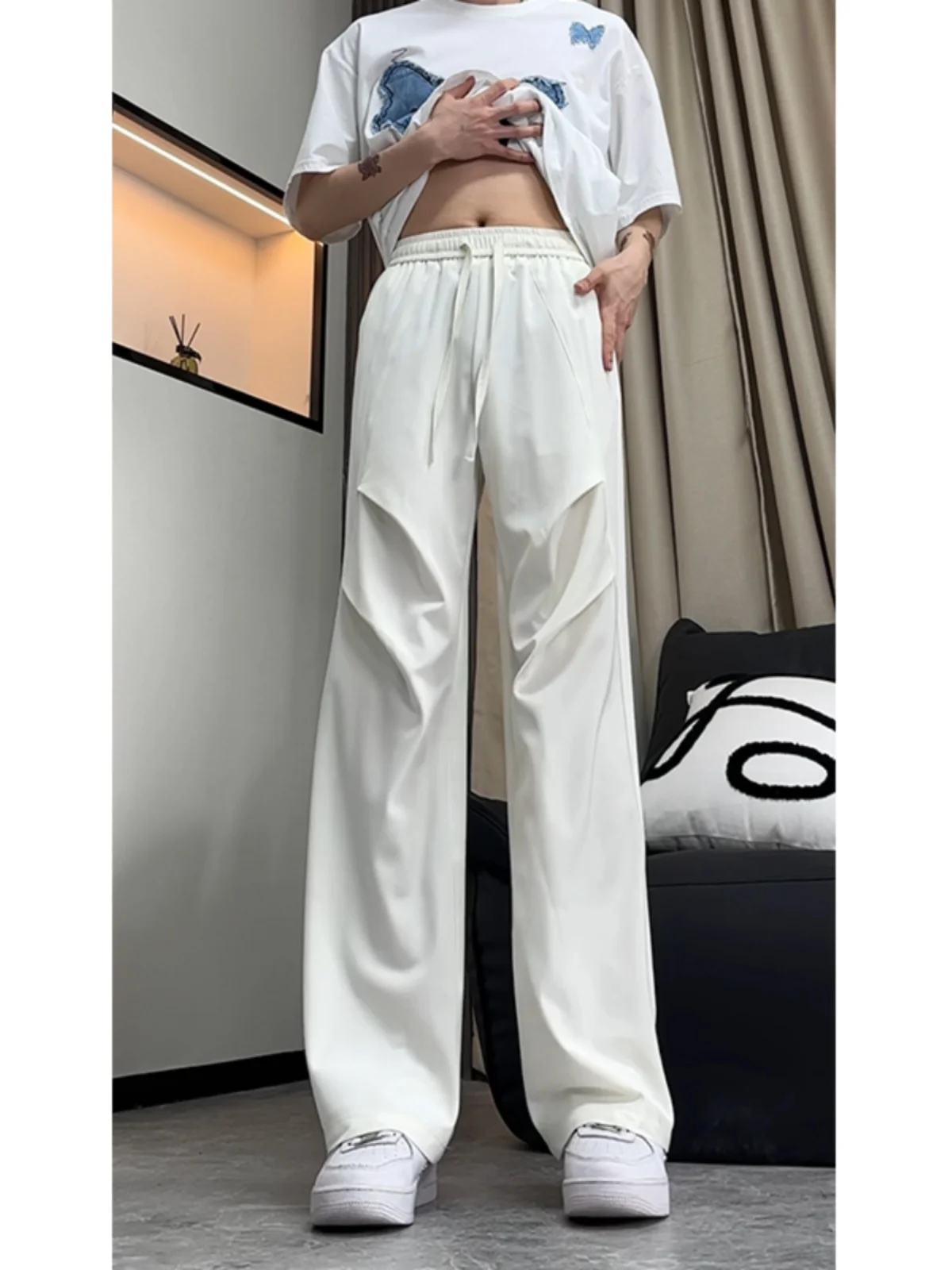 

Мужские летние тонкие повседневные брюки из ледяного шелка прямого кроя, легкие, струящиеся, с эффектом драпировки, премиум-класса, модель Bell Bot