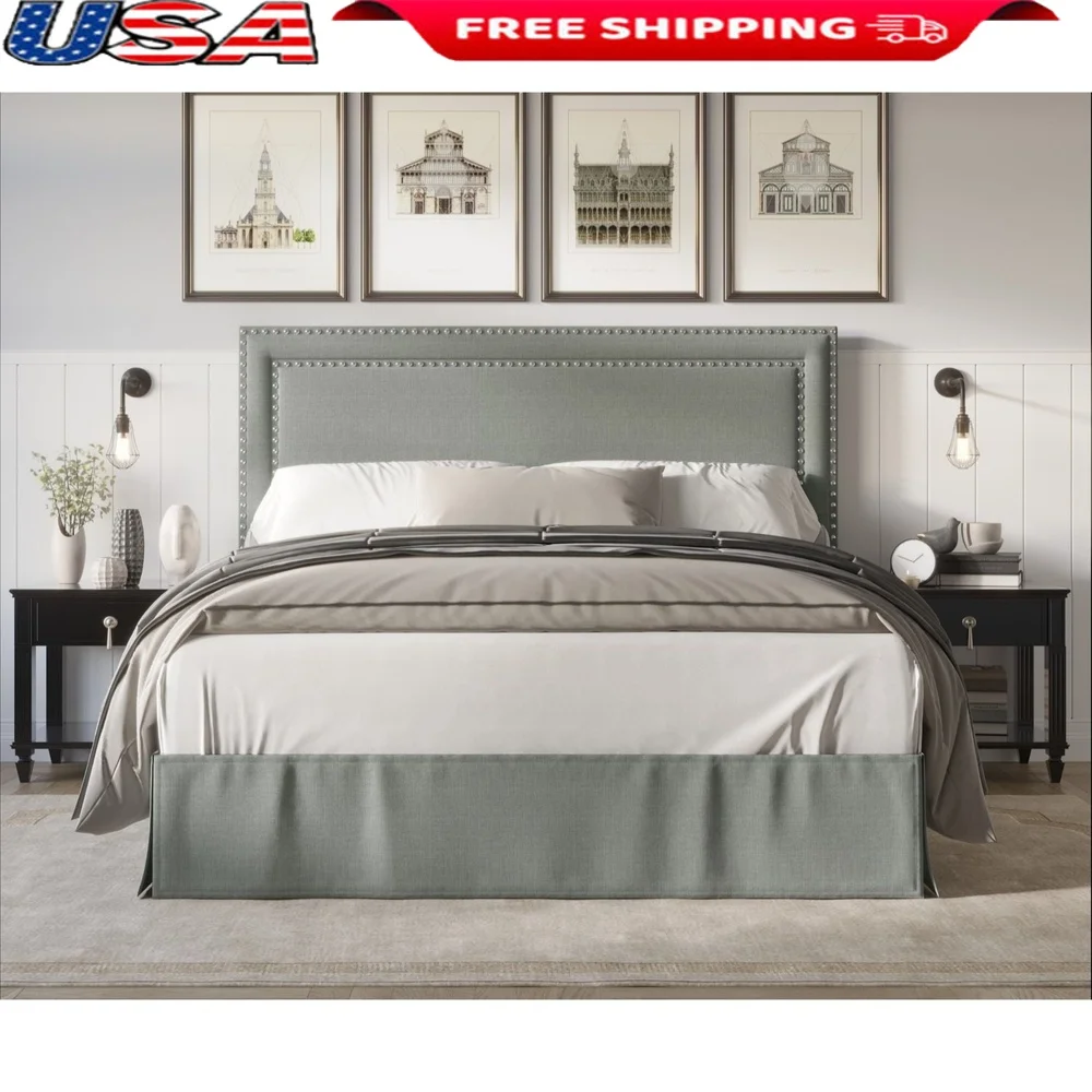 

Elegant Upholstered Twin Panel Bed with Nailhead Trim Easy Assembly Under Bed Storage Ideal Modern Adult Bedrooms