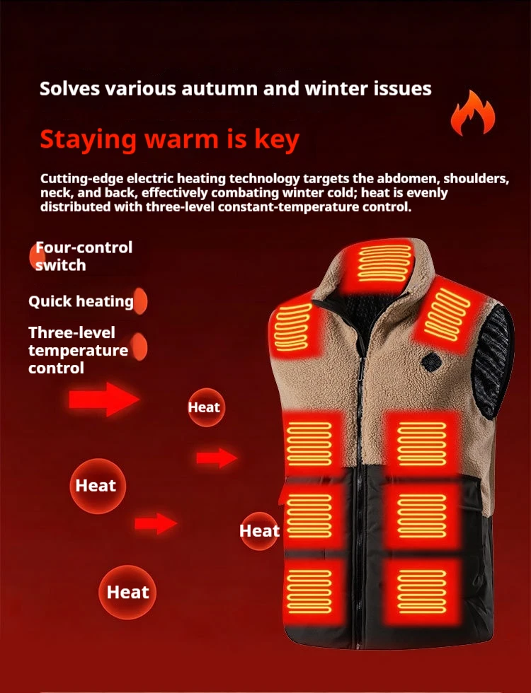 Graphene Heated Vest Men Women Electric Heating Thermal Fleece Hooded Winter Outdoor Warm Waistcoat