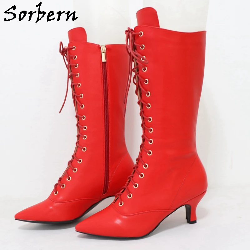Sorbern Vintage Red Matt 6Cm Ankle Boots Women Pointed Toe Lace Up Kinky Booties Fetish Kitten Heels Zip Up Custom Multi Colors
