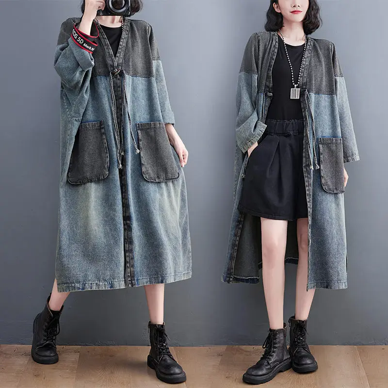 Vintage Washed Denim Coat For Women Spring Autumn Loose Large Size Color Contrast Big Pocket Casual Long Windbreaker Jakcet T189