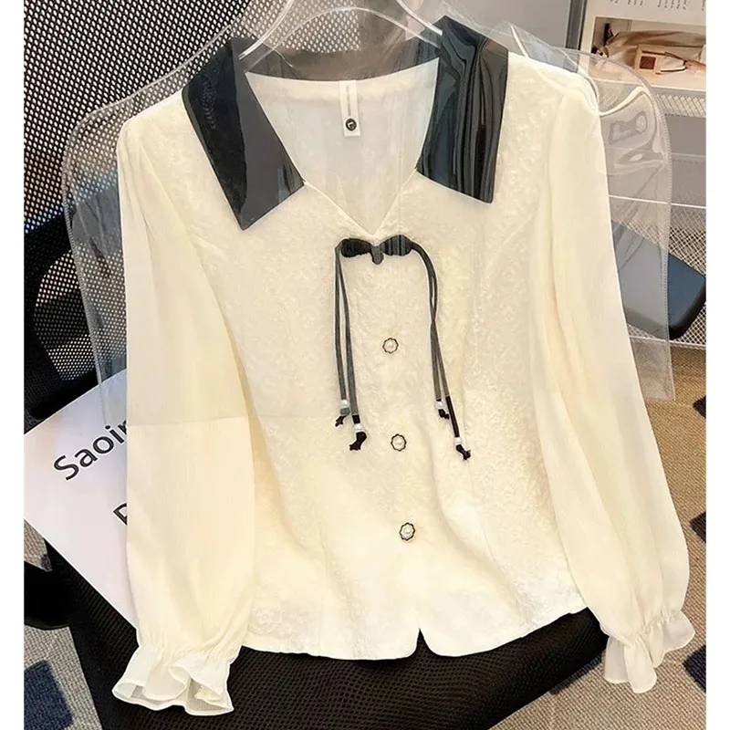 

Spring Autumn Ladies Pullover Blouse Tops French Female Long Sleeves Shirt Coat Women New Patchwork Shirts Jacket