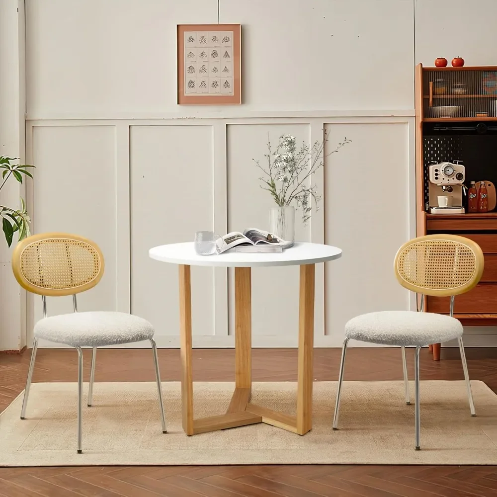 Round Dining Table, Mid Century Modern Small Kitchen Table with Wood Legs and Rattan Dining Chairs