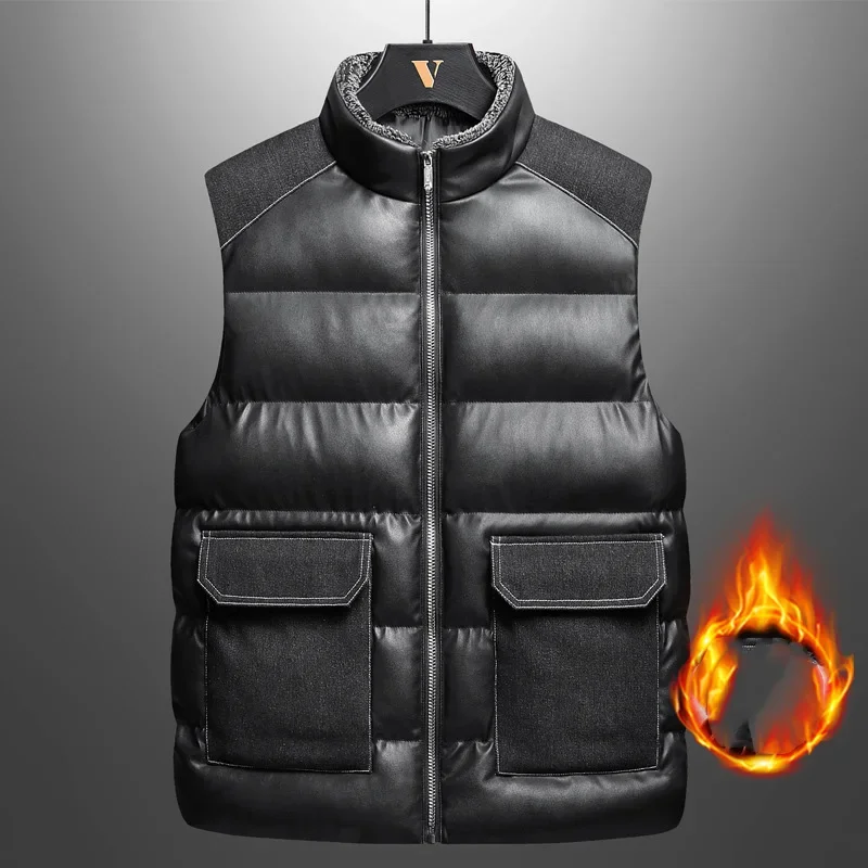 

Man Vest Winter Thicken Warm Solid Stand Collar Pocket Zipper Male Leather Waistcoat Windproof Sleeveless Daily Men Coat
