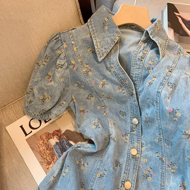 

Plus Size Floral Print Turn-down Collar Denim Dr Women's Spring Summer Slimming Waist-cinching Korean Sle Straight Cut Dr