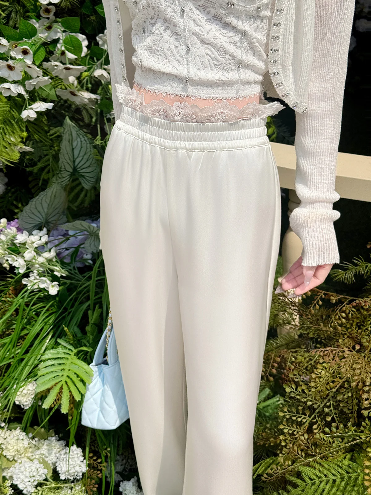 

Ele Повседневные брюки с высокой талией и широкими штанинами от Yuxiao Xiao Cr Кружева с высокой эластичной резинкой из уксусного волокна в стиле пэчворк