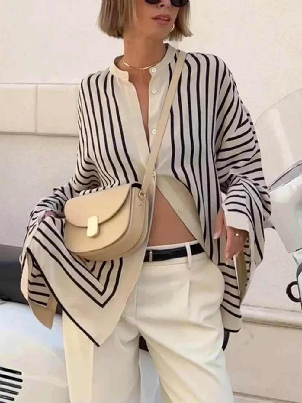 

Spring Autumn Cardigan Personalized Fashion Loose Casual Street Style Daily Long Sleeve Round Neck Single Breasted Striped Coat