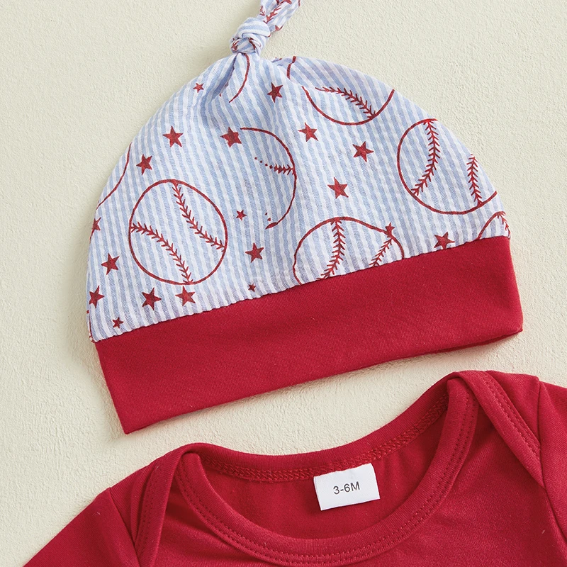 เด็กทารก 3 ชิ้นชุดกางเกงแขนสั้น O คอเบสบอลเย็บปักถักร้อย Romper กางเกงหมวก