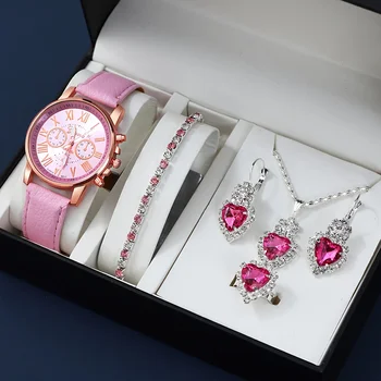 Fashion Quartz Watch and Jewelry Set, Shock Resistant Circular Analog Digital Display, PU Leather Strap, Zinc Alloy Case 3