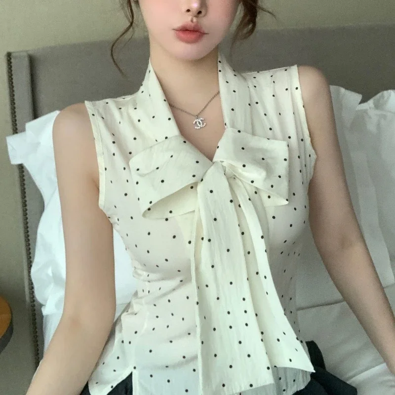 2024 New Summer Korean Edition Fresh and Minimalist Slim Fit Sleeveless Blouses Stripe Spliced Bow Button Women\'s Shirt Top