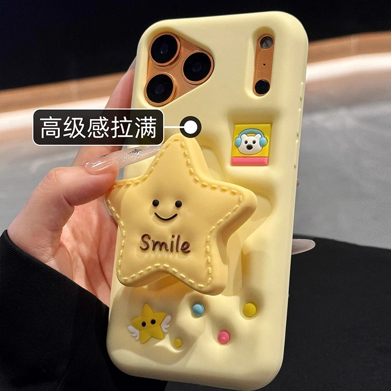 

Cartoon Yellow Star Silicone Protection Cover For iphone 17 16 15 14 Plus i11 12 13 Pro Max Cute Patterns fold bracket girl