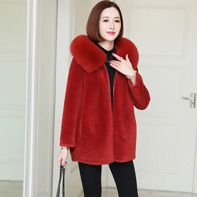 

2023 Winter New Women Faux Fox Fur Coat Lamb Wool Thicken Warm Outwear Loose Casual Hooded Parkas Fashion Solid Color Outcoat