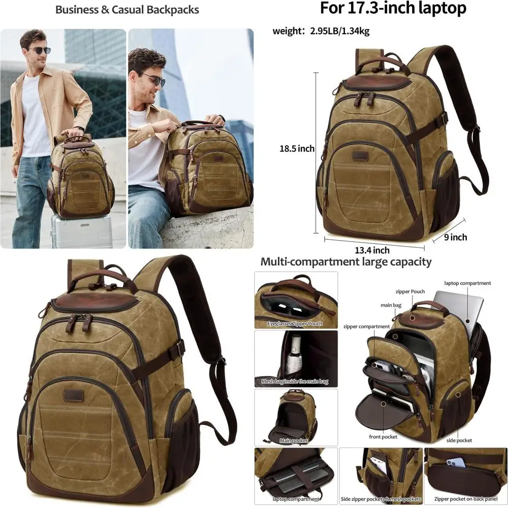 

Large 17.3 Canvas Laptop Backpack for Men - College & Business Commute in Style