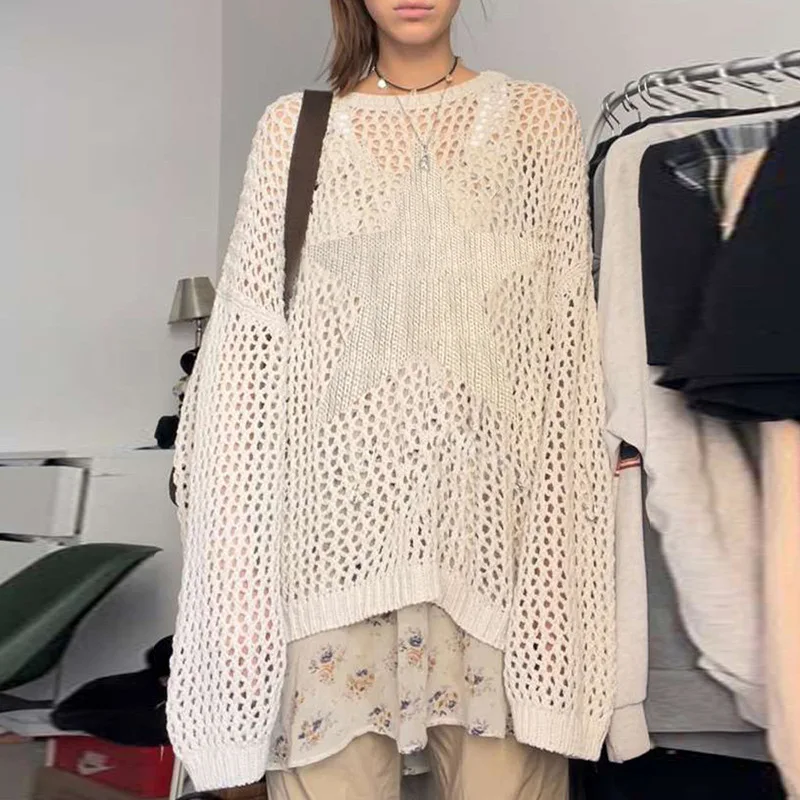 

Hoodie with five pointed star hollow out long sleeved knitted sweater for women, versatile, loose and lazy style sweater