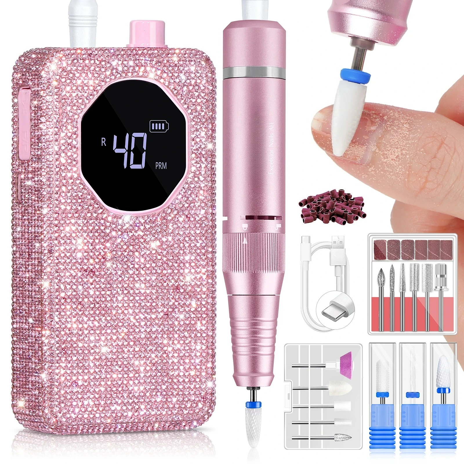 40000RPM Professional Electric Nail Drill Machine Kit Rechargeable 4000mAh Electric Nail File for Thick Acrylic Nails