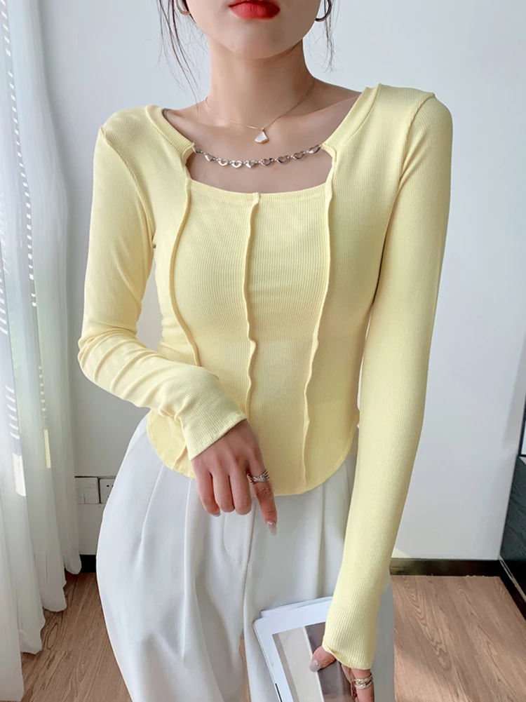 

Cotton Tshirts Women Korean Style Clothing Pink T Shirt Woman Square Collar Slim Crop Tops Long Sleeve Tees Female Spring Autumn