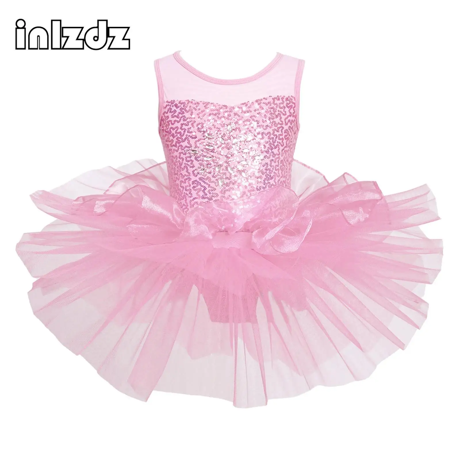 

Kids Girls Sleeveless Sequined Ballet Dance Tutu Dress Mesh Tulle Ballerina Fairy Prom Costume Gymnastics Skating Leotards Dress