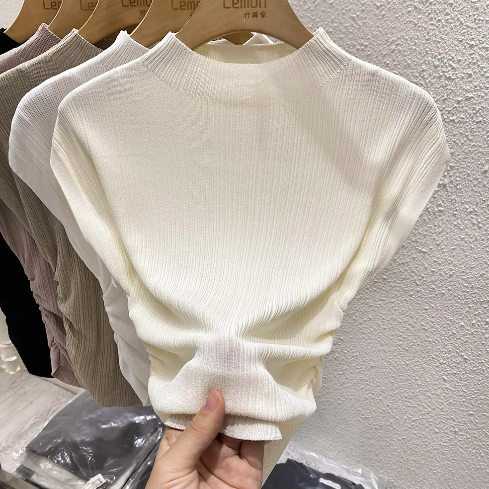 2026 Spring Summer Ice Silk Knit T-Shirt Half High Neck Waist Slimming Unique Design Slim Fit Short Sleeve Inner Tops
