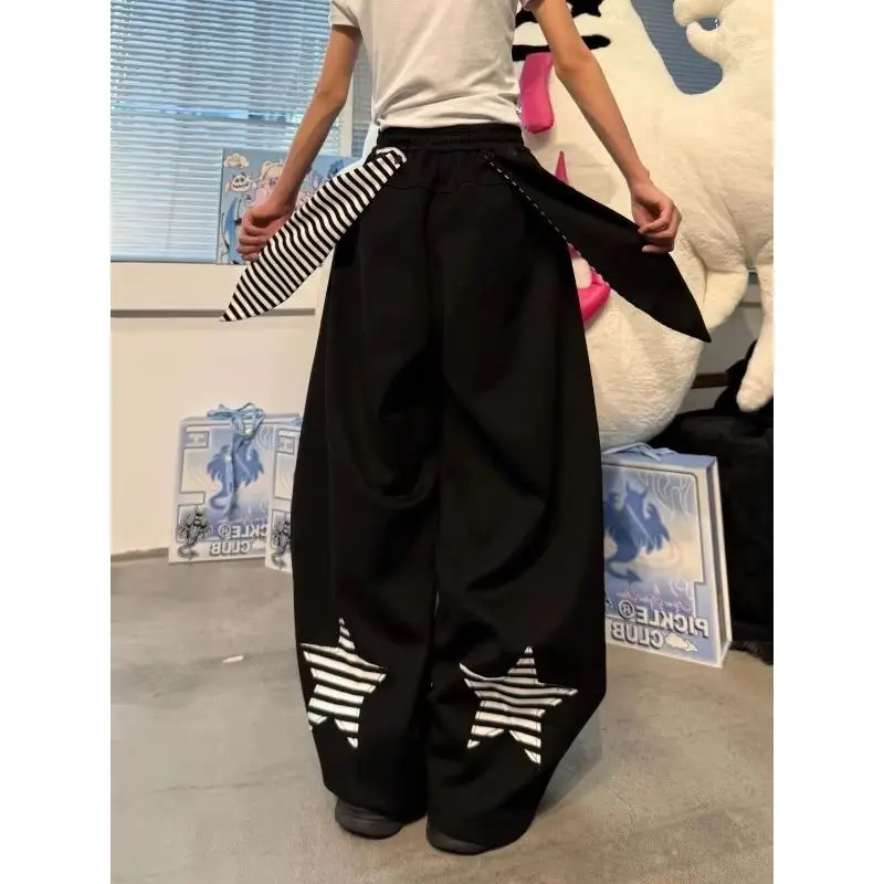 

Американские свободные широкие брюки с кроличьими ушками и пуговицами в полоску со звездами для спорта и отдыха, прямые брюки