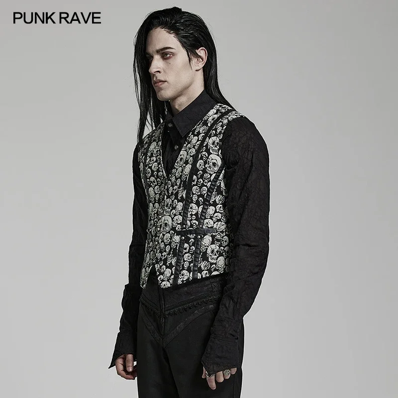 PUNK RAVE Men's Gothic Non-stretch Jacquard Skull Pattern Waistcoat Slim Version Handsome Party Club Man Vest  Spring/Summer